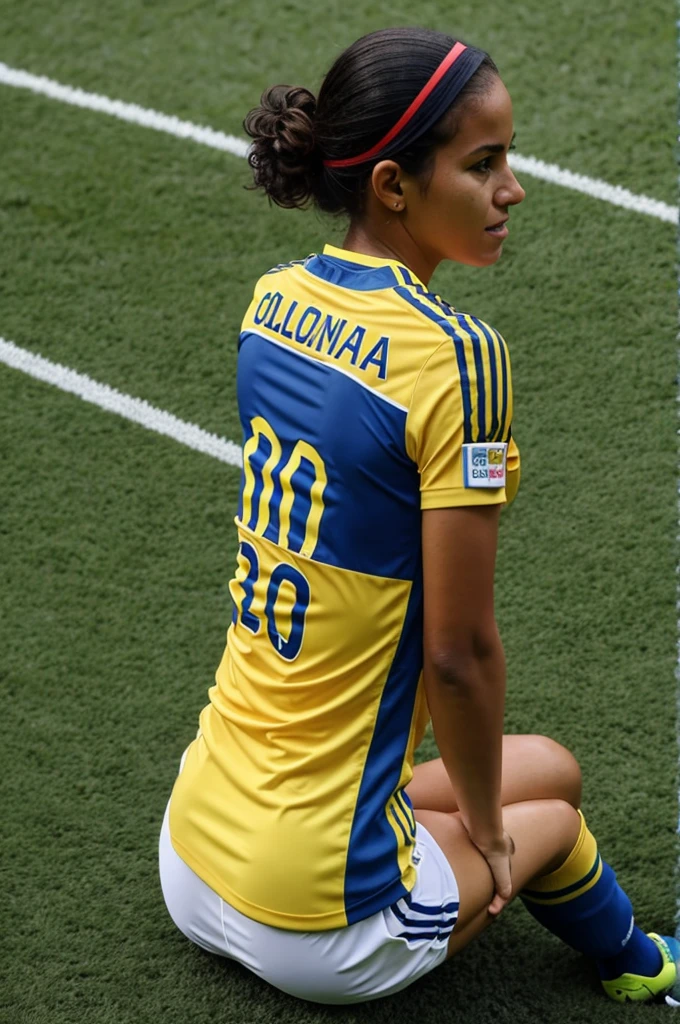 Woman wearing a Colombia shirt with the name Sandra on her back on a soccer field

