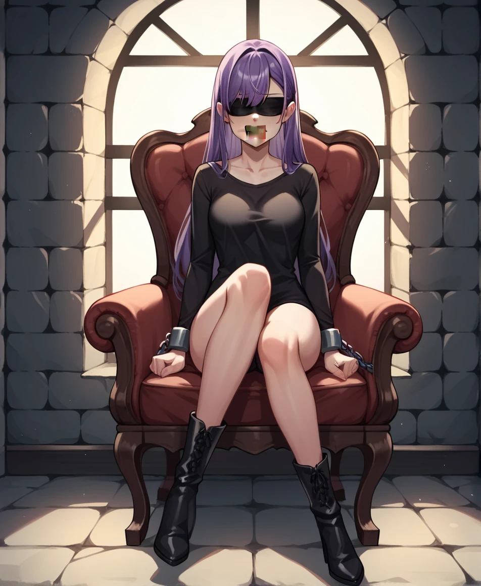 score_9, score_8_up, score_7_up, score_6_up, score_5_up, score_4_up, source_anime, 1 woman, sit, chairs, purple hair, long hair, blindfold, tape your mouth shut, w-w-chain, shackles, Went down arms, legs, clean hair, black shirt, short, black boots, thigh high boots, heels, the solution, dungeon, night, best quality, best res, 4K UHD,
 