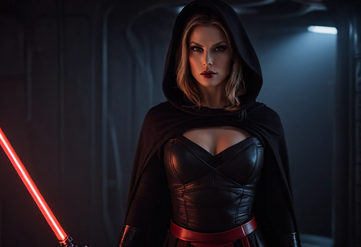 professional photograph of a 31 year old model, by Peter Hegre, photography studio,__perspective__, beautiful evil slavic muscular woman, pale skin, long hair, Sith Lord, cute face, red skin, fit body, holding one red light saber in her hand, wearing a black crop top with a hood:1.4, black skirt, darth talon:0.7, at the starship, cozy, Star Wars, j j abrams, photorealistic, sharp focus, depth of field, vogue magazine, fashion photo, cinematic lighting, rim light, cozy:1.2, neon