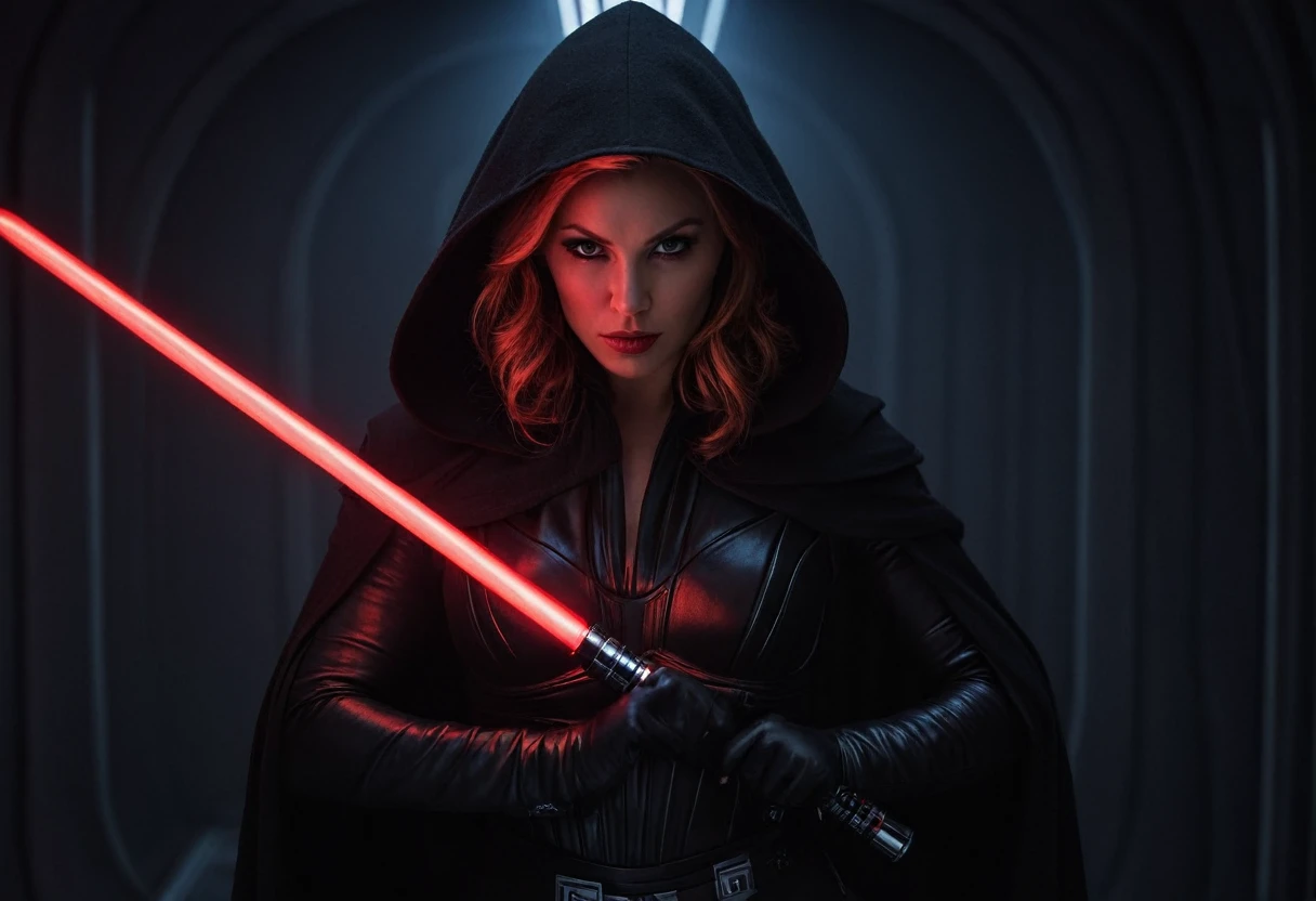 professional photograph of a 31 year old model, by Peter Hegre, photography studio,__perspective__, beautiful evil slavic muscular woman, pale skin, long hair, Sith Lord, cute face, red skin, fit body, holding one red light saber in her hand, wearing a black crop top with a hood:1.4, black skirt, darth talon:0.7, at the starship, cozy, Star Wars, j j abrams, photorealistic, sharp focus, depth of field, vogue magazine, fashion photo, cinematic lighting, rim light, cozy:1.2, neon