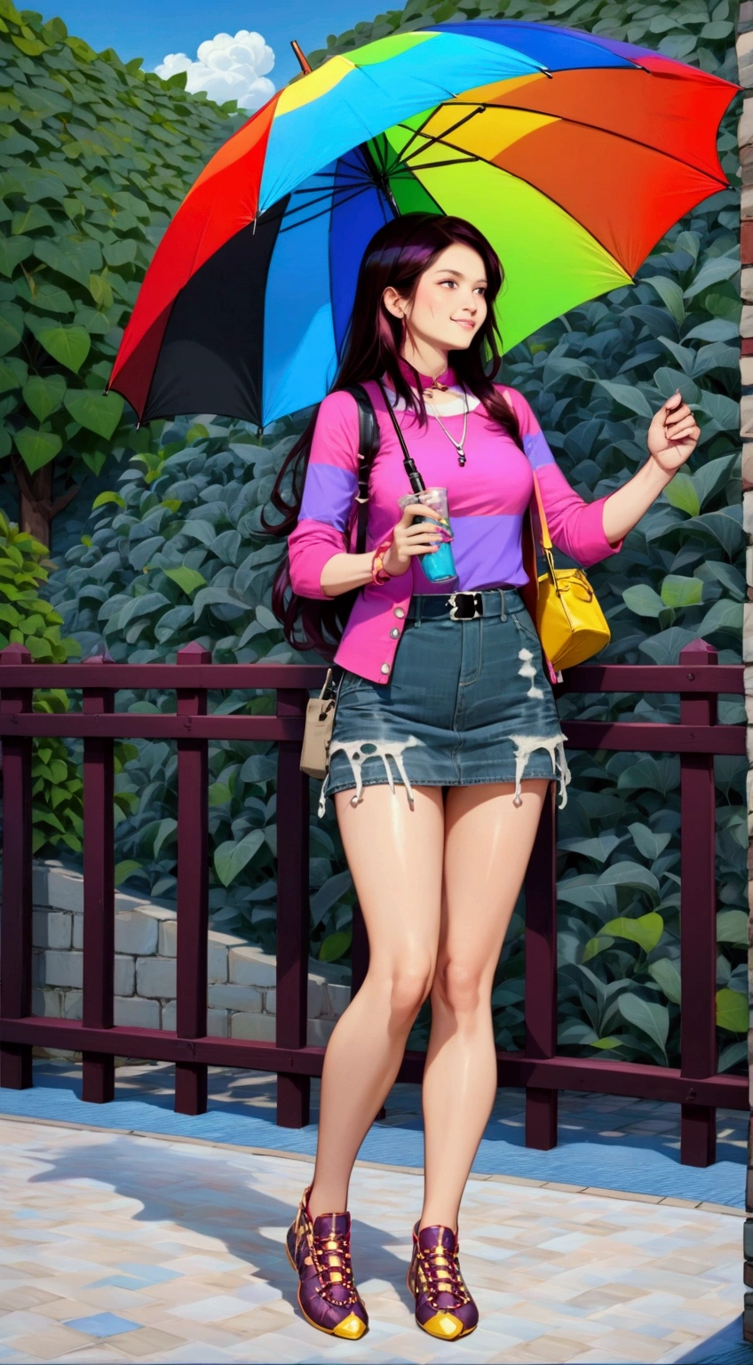 anime illustration of woman with colorful umbrella standing on sidewalk near fence and bushes, colorful photo, colorful umbrella, colorful fashion, colorful outfit, mini-skirt, colorful picture, colourful, colourfull, an umbrella top, colorfull, rainbow clothes, rainbow colored, multi colored, miniskirt, holding a umbrella, holding an umbrella, colored, colorfully, colorful, holding umbrella