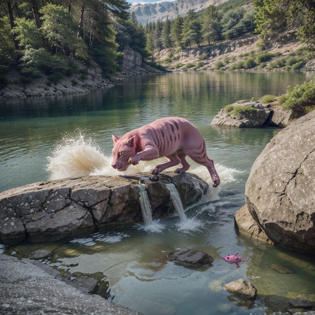 A pink panther ((agressive), in attack position, rocks and lake around, highly detailed natural environment, top quality picture, hyperrealisti, cinematic appearance, HD em 32k - ar 3:2 - in cartoon style, a tie