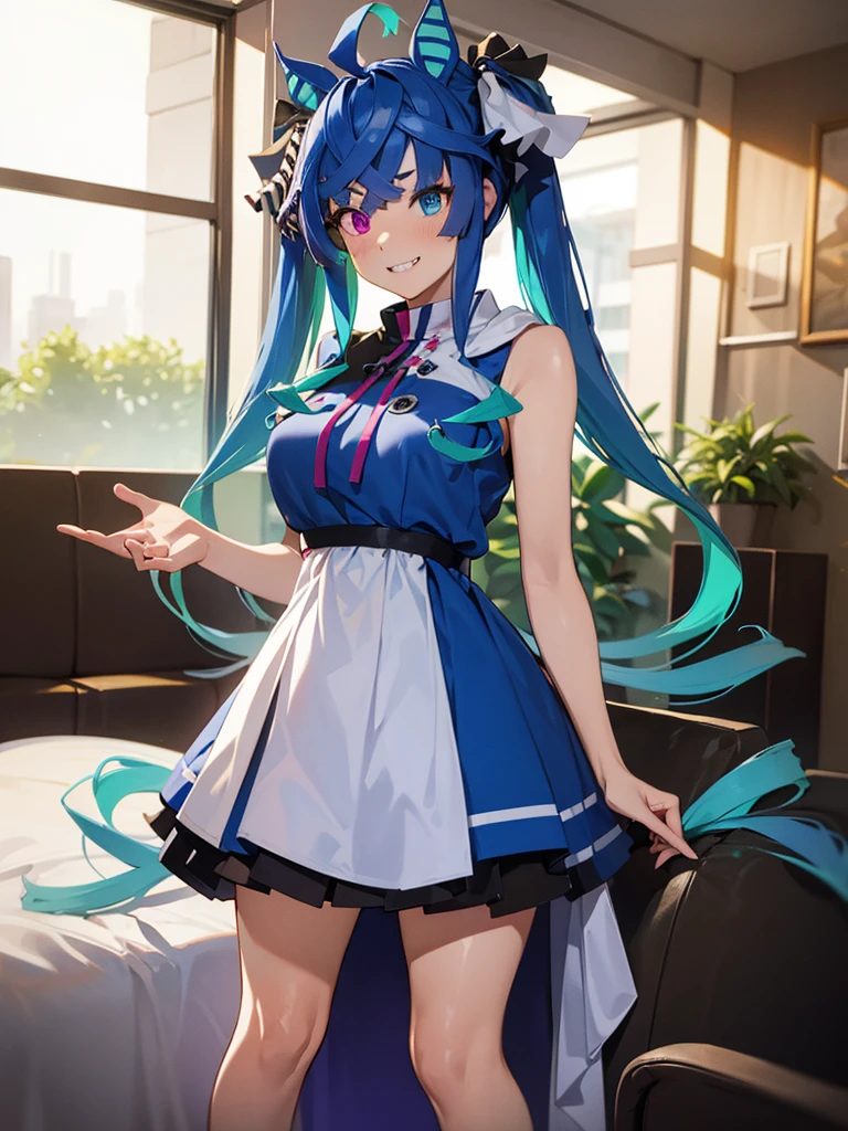 (​masterpiece、top-quality、hight resolution), A scene in which a customer meets a designated sex worker in a waiting room. From the customer's perspective, the scene depicts the sex worker approaching with a professional and charming smile. The waiting room is simply decorated. The sex worker is wearing an attractive cocktail dress and is sexually attractive. The sex worker tells the customer. 'Thank you for your appointment. I will give you the night of your dreams."  Twin_Turbo_Umamusume, aqua hair, twintails, heterochromia, purple eyes, blue eyes, sharp teeth, multicolored hoodie, hores tails, nsfw, (Sleep dress)
