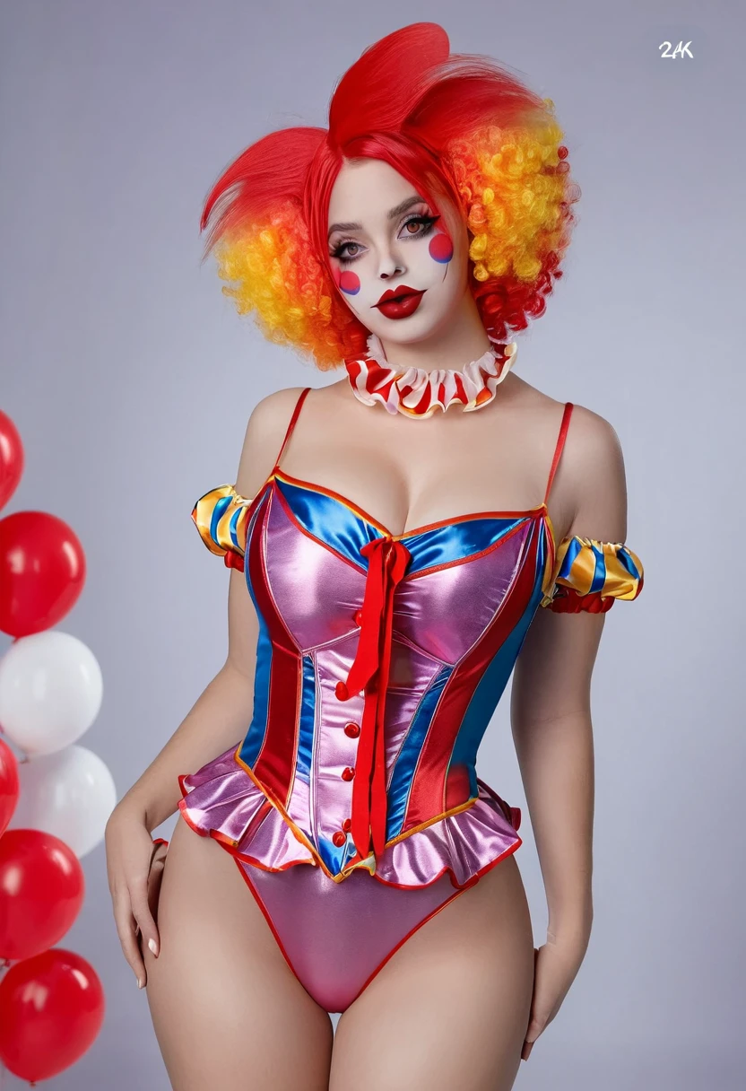 ((high quality:1.2)), (8k), extremely detailed, ((High detail:1.2)), ((best resolution:1.4)), Solo, 24 years old female, ((sexy clown outfit)), 