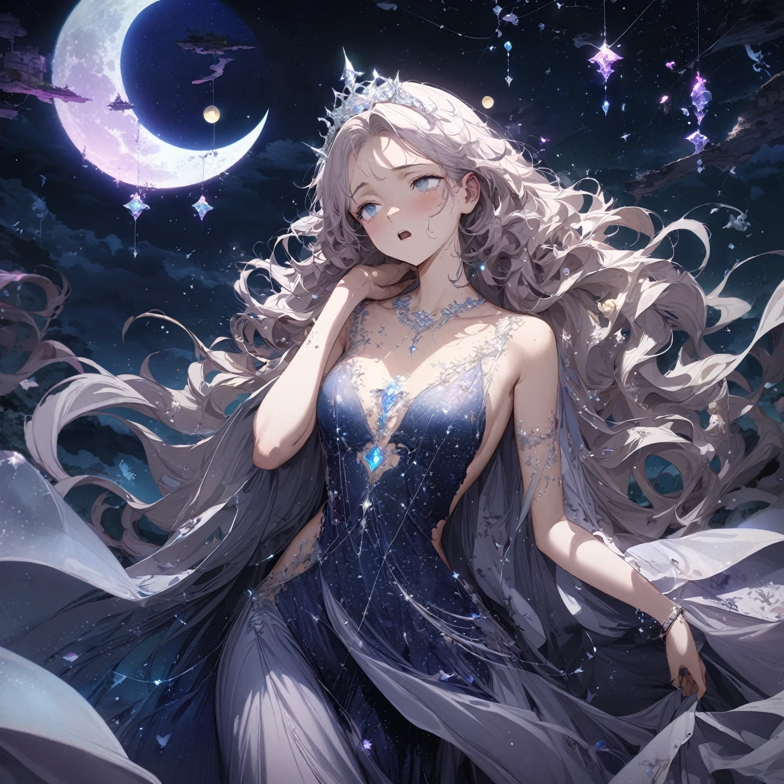 Woman, ethereal, otherworldly presence, sleepy, tired expression, half-closed, droopy eyes, slightly open mouth, silver, wavy hair, flowing gown, (nude:0.8), gossamer-like fabric, midnight blue, silver, lavender, constellation patterns, crescent moons, silver tiara, crescent-shaped charms, glowing gemstones, delicate silver bracelets, surreal, dreamlike landscape, large luminous moon, wisps of mist, floating islands, mythical creatures, glowing flora, small glowing orbs, faint silver threads, soft silvery light, dream manipulation, detailed gorgeous face| anime style| key visual| intricate detail| highly detailed| breathtaking| vibrant| panoramic| cinematic| Carne Griffiths| Conrad Roset| gibbli 8k