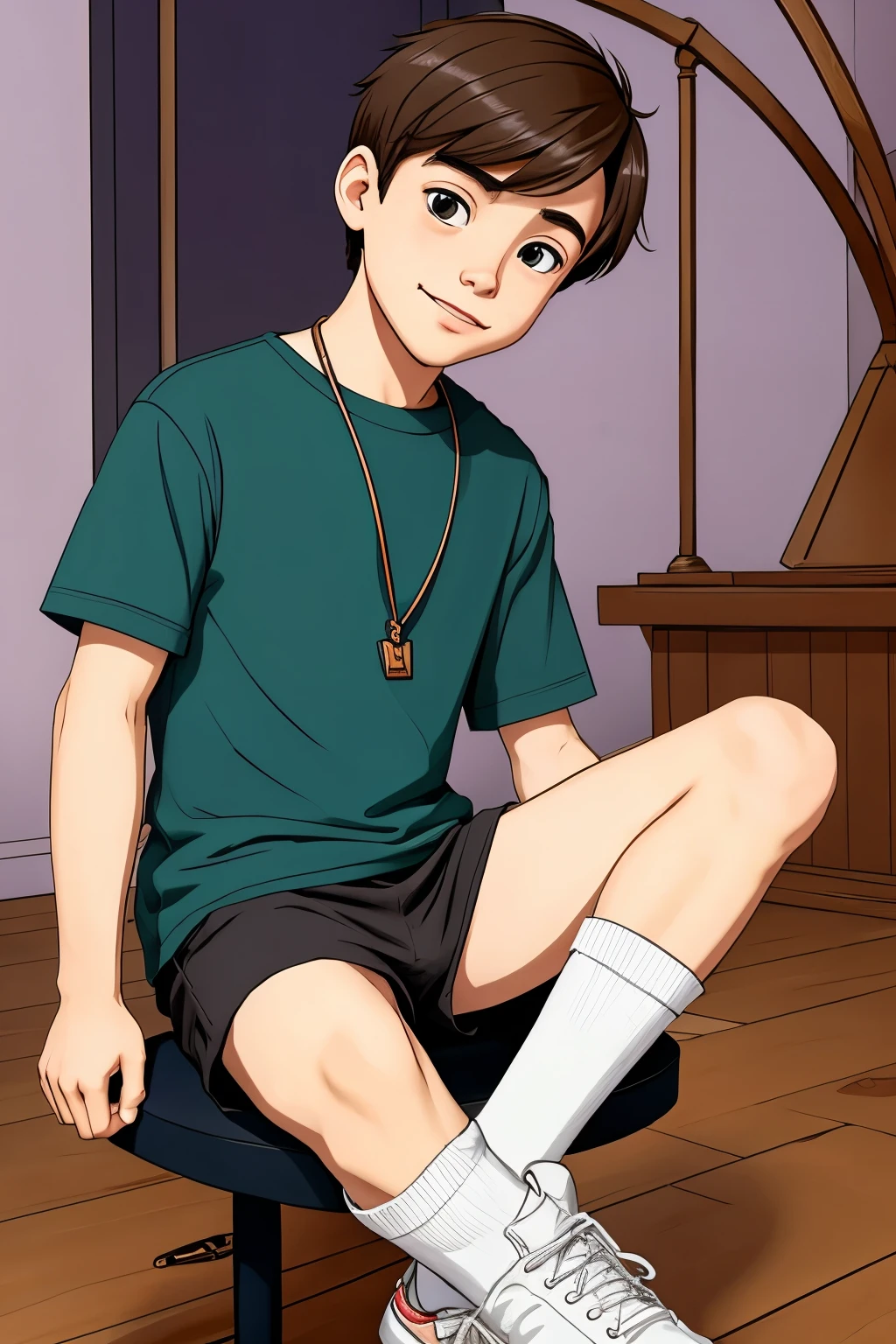 Generate a cartoon where a boy is seating at the center of the old ⚖️