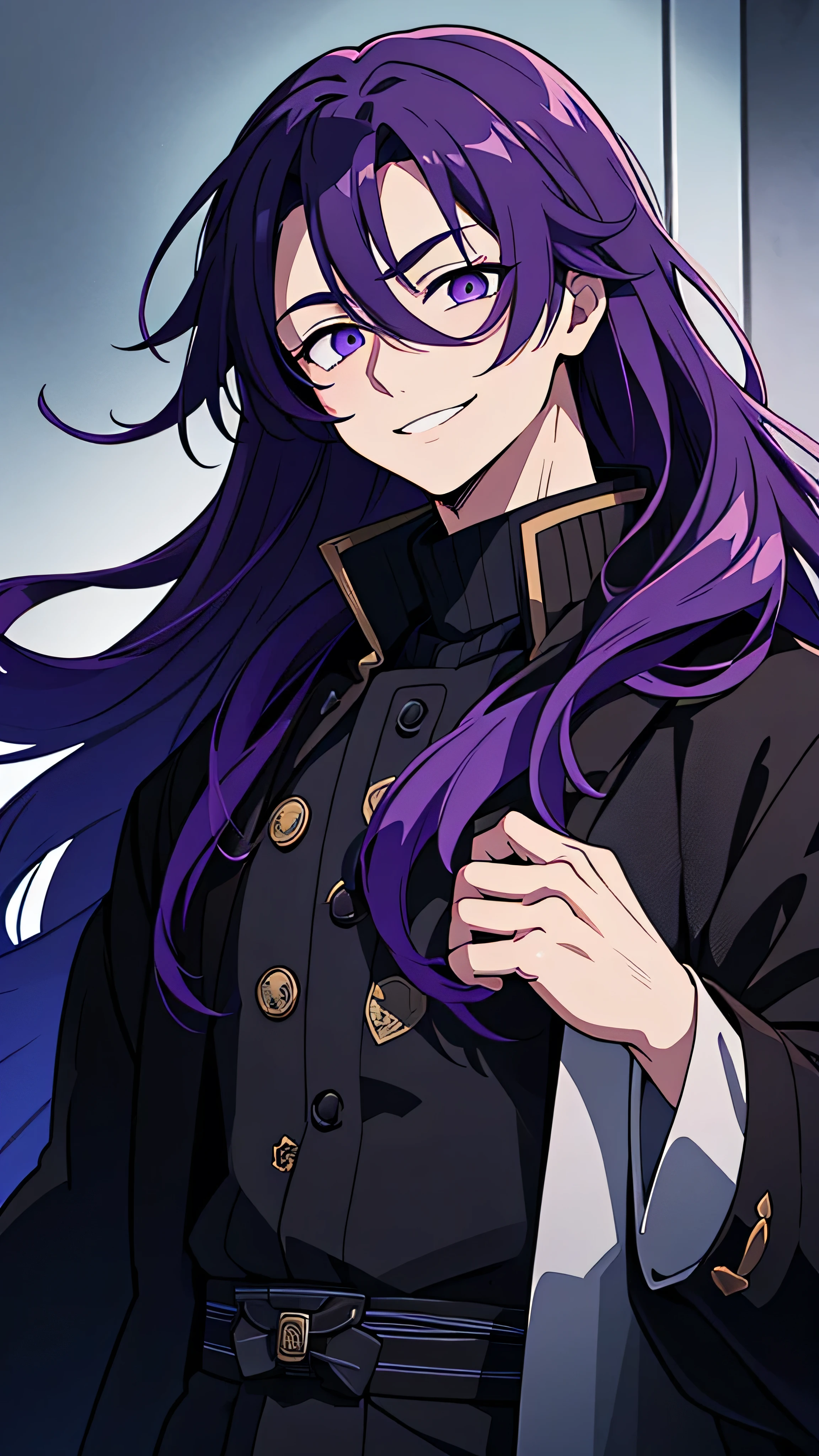 taisho period Japan man, dark aesthetic, darkwave aesthetic, grunge aesthetic, eerie moorlands behind him, dark aesthetics, eerie thriller aesthetic, dark and moody aesthetic, ominous, royal purple/dark blue hair, bright gray eyes, wolfcut, Kyojuro Rengoku, white turtleneck sweater, demon slayer, kimetsu no yaiba, confident expression, long hair, black open jacket, solo, reference art, 20-year-old male, black open trench coat, royal purple/dark blue long flowy hair, stubble, 30-year-old male, smile, black haori, headshot, close-up on head