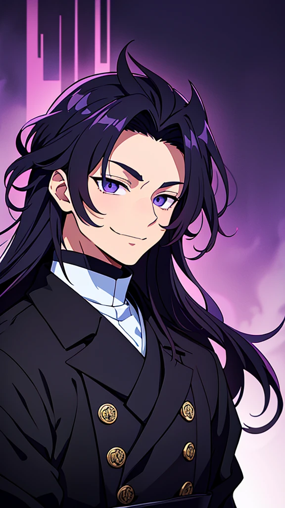 taisho period Japan man, dark aesthetic, darkwave aesthetic, grunge aesthetic, eerie moorlands behind him, dark aesthetics, eerie thriller aesthetic, dark and moody aesthetic, ominous, royal purple/dark blue hair, bright gray eyes, wolfcut, Kyojuro Rengoku, white turtleneck sweater, demon slayer, kimetsu no yaiba, confident expression, long hair, black open jacket, solo, reference art, 20-year-old male, black open trench coat, royal purple/dark blue long flowy hair, stubble, 30-year-old male, smile, black haori, headshot, close-up on head