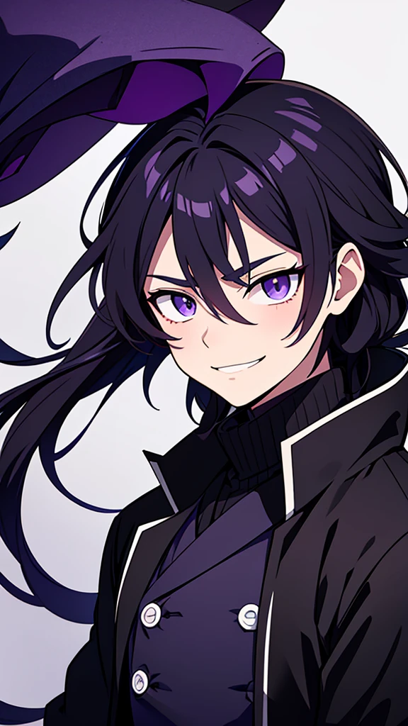 taisho period Japan man, dark aesthetic, darkwave aesthetic, grunge aesthetic, eerie moorlands behind him, dark aesthetics, eerie thriller aesthetic, dark and moody aesthetic, ominous, royal purple/dark blue hair, bright gray eyes, wolfcut, Kyojuro Rengoku, white turtleneck sweater, demon slayer, kimetsu no yaiba, confident expression, long hair, black open jacket, solo, reference art, 20-year-old male, black open trench coat, royal purple/dark blue long flowy hair, stubble, 30-year-old male, smile, black haori, headshot, close-up on head