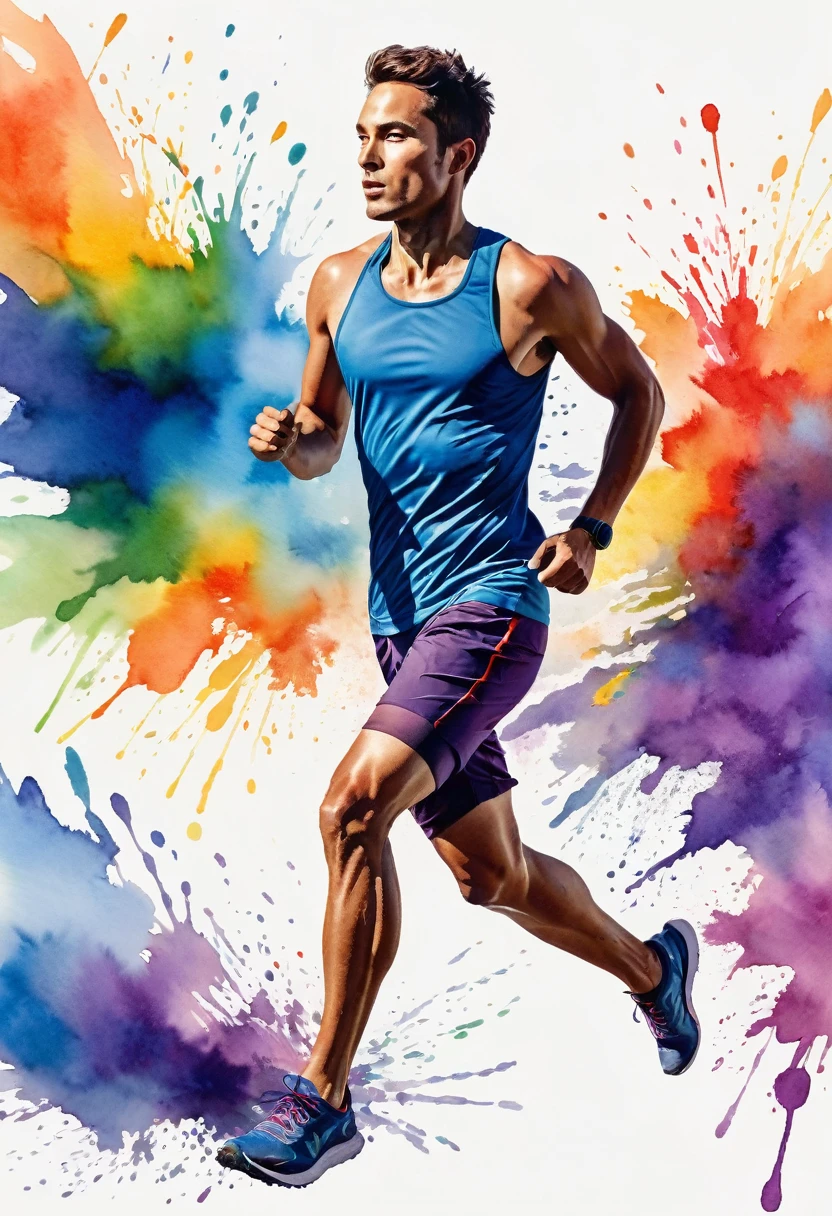 Vibrant and dynamic watercolor-style illustration of a male runner in mid-stride. The subject is depicted in a silhouette form, filled with a spectrum of colors including shades of blue, red, orange, and purple, creating a sense of motion and energy. The runner is wearing athletic gear, with the details of the clothing blending seamlessly into the colorful splashes that trail behind him, suggesting speed and movement. The background is a light, almost white, watercolor wash, which contrasts with the vivid colors of the runner, making him the focal point of the image. The overall composition is fluid and energetic, capturing the essence of athleticism and motion.