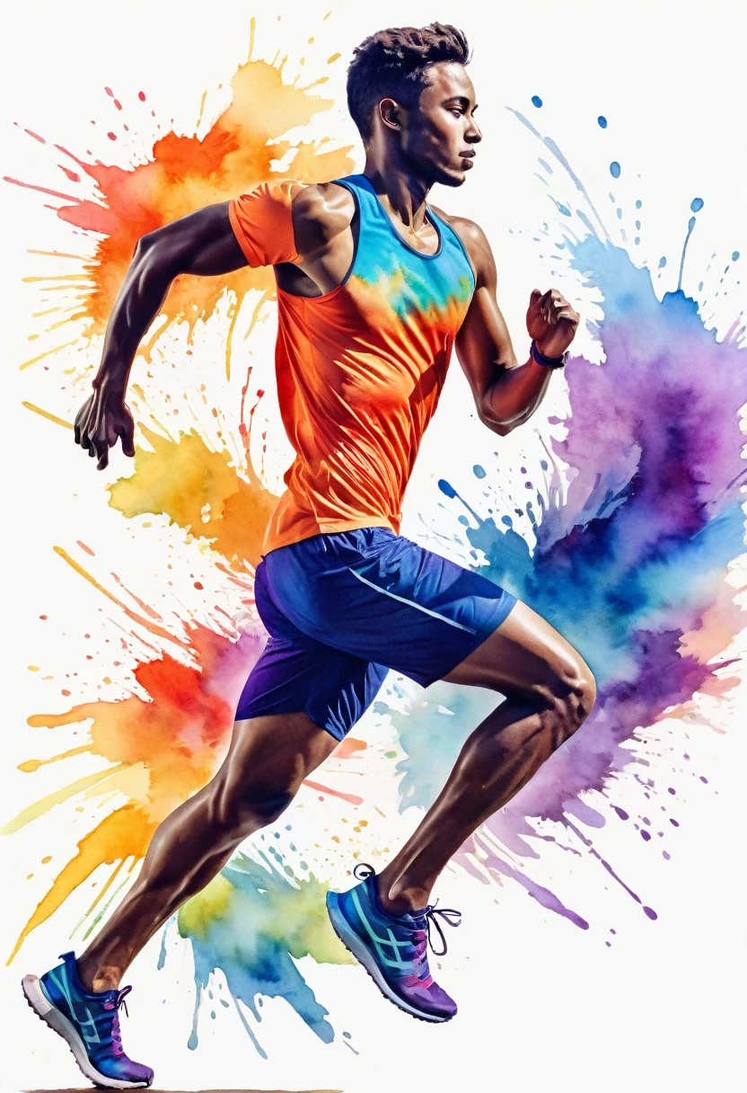 Vibrant and dynamic watercolor-style illustration of a male runner in mid-stride. The subject is depicted in a silhouette form, filled with a spectrum of colors including shades of blue, red, orange, and purple, creating a sense of motion and energy. The runner is wearing athletic gear, with the details of the clothing blending seamlessly into the colorful splashes that trail behind him, suggesting speed and movement. The background is a light, almost white, watercolor wash, which contrasts with the vivid colors of the runner, making him the focal point of the image. The overall composition is fluid and energetic, capturing the essence of athleticism and motion.