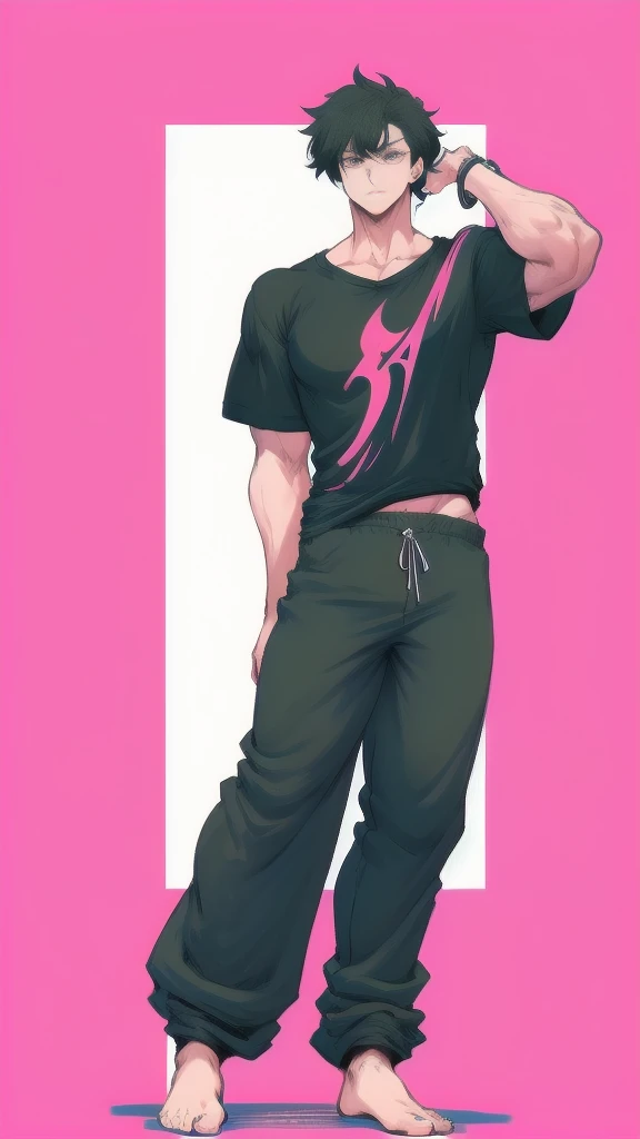 Full body in image, masculine pose, unique hair, casual black t-shirt, white harem pants, slender male body, short hair, hot body, sexy male body, dynamic pose, detailed pose, simple background, expressive face, focus on face, line art, sketch, tall guy, pose, full body portrait, male character, full body character portrait, single character full body