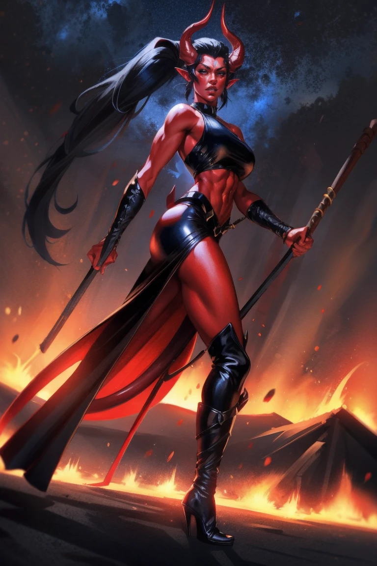 Red skin succubus tiefling, medium breasts, black horns, huge tail, black leather, crop top, long flowing pelvic curtain, tall, toned, graceful, thin, long black ponytail. Action scene, whip. Dark scene, explosions, night sky.