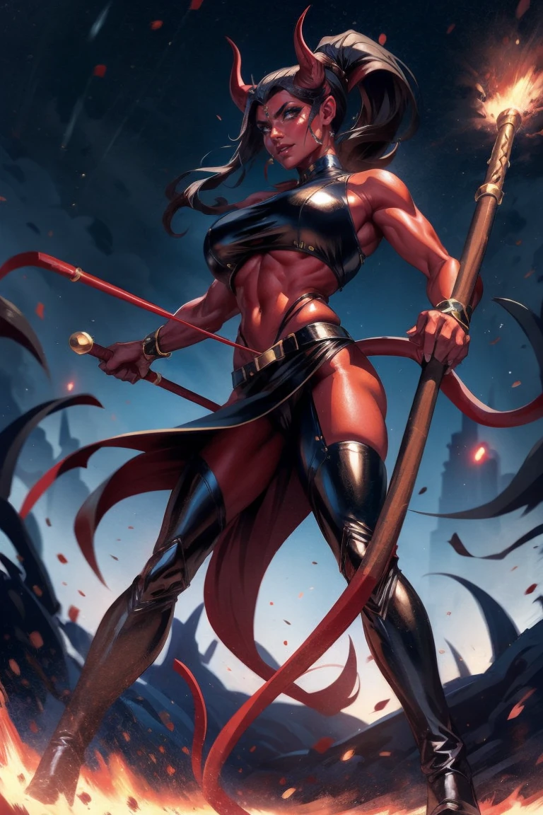 Red skin succubus tiefling, medium breasts, black horns, huge tail, black leather, crop top, long flowing pelvic curtain, tall, toned, graceful, thin, long black ponytail. Action scene, whip. Dark scene, explosions, night sky.