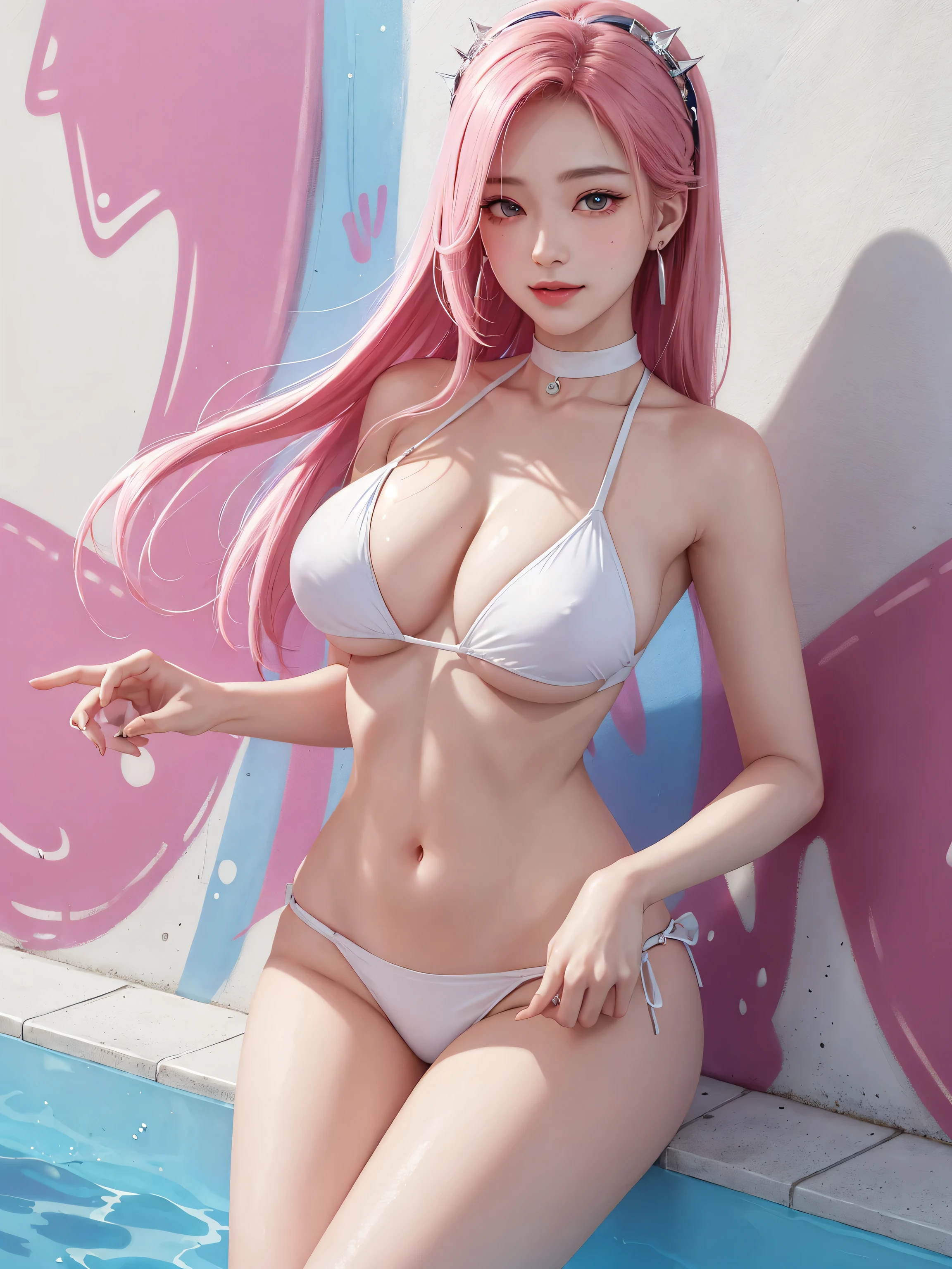 (Masterpiece, best quality, 1 girl, alone, complicated details, Chromatic aberration), realistic, ((Moderate breath)),long hair, pink hair, Red headpiece, Pink Highlights, hair on one eye,purple eyes, earring, sharp eyes, choker, Neon coat, She wears a collar, bangle, and kimono style garters., crop top, (symmetrical eyes),(Perfect symmetrical body),against the wall, Brick wall, (colorful graffiti words on the wall:1.2), The light is dim., alley ,Look at the viewer.、Dig the chest、smile、(sleeveless、Navel touch、Fitted turtleneck.)、street string hot pants、Thin bottom、Please build above the eaves..、Thin shoulders、 (((By the pool)))、20-year-old gravure model、Perfect body、1 Girl、alone、Photographed from diagonally above、Micro Mini Ultra High Leg 、masterpiece、Highest quality、Realistic、Hyper Detail、(Shiny skin)、Absurd、Looking into the camera、black eye:1.8、thin、Dynamic Lighting、High resolution、Sharp focus、Written boundary depth、Beautiful Eyes、Beautiful big eyes、black eyes、(Big Breasts :1.4, Saggy breasts:1.5)、(thin thighs:1.2)、、Troubled eyebrows、(blush)、Twin tail hair, smile,​masterpiece、8K、32K、top-quality、(A detailed eye)、(A cute Japanese woman、bangss)、23years old、1 girl in、elegent、(Detailed background depiction、portlate:1.2)、a white bikini