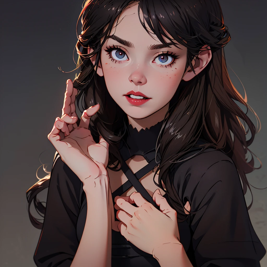 a young woman with pale skin, reddish eyes, thin almond-shaped eyes, light makeup, egyptian eyeliner, firm posture, tight long black dress with large sleeves covering hands, queen anne neckline, straight very long black hair cascading down, sharp canines, red lips, roguish smile, serious expression, in a vampire mansion,(best quality,4k,8k,highres,masterpiece:1.2),ultra-detailed,(realistic,photorealistic,photo-realistic:1.37),dark fantasy,gothic,dramatic lighting,dramatic shadows,chiaroscuro,moody atmosphere,dramatic pose