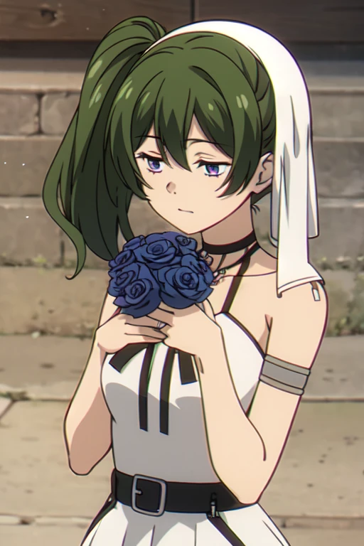 ((Best quality))),((Ultra-detailed)),((illustration)),((Disheveled hair)),((frilld)),(1 girl),(Solo), 1girl,blue bow,blue flower,blue ribbon,blue rose,bouquet,breasts,dress,flower,gradient,gradient background,grey background,jewelry,long hair,necklace,petals,rose,solo,veil,wedding dress,white dress,long dress,full body, purple eyes,green hair,Right side ponytail,
