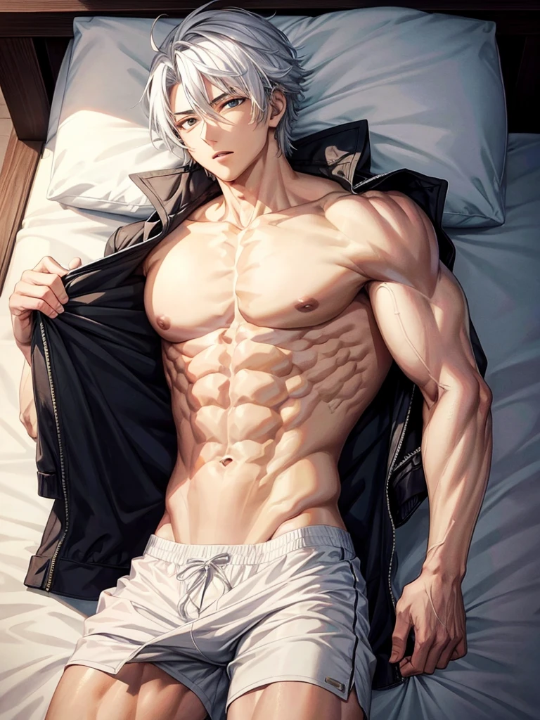 Anime guy about 16 without outerwear. Muscular with 6-pack abs and back. With white hair. Lying on the bed.