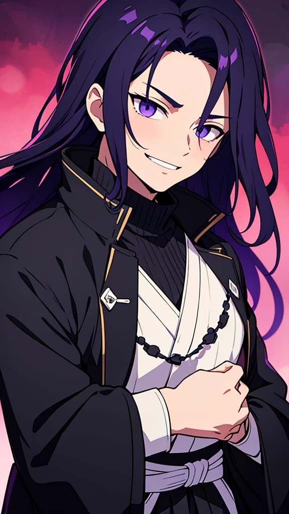 taisho period Japan man, dark aesthetic, darkwave aesthetic, grunge aesthetic, eerie moorlands behind him, dark aesthetics, eerie thriller aesthetic, dark and moody aesthetic, ominous, royal purple/dark blue hair, bright gray eyes, wolfcut, Kyojuro Rengoku, white turtleneck sweater, demon slayer, kimetsu no yaiba, confident expression, long hair, black open jacket, solo, reference art, 20-year-old male, black open trench coat, royal purple/dark blue long flowy hair, stubble, 30-year-old male, smile, black haori, headshot, close-up on head