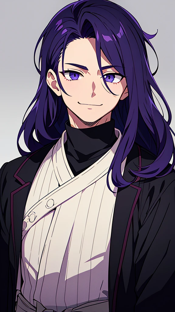taisho period Japan man, dark aesthetic, darkwave aesthetic, grunge aesthetic, eerie moorlands behind him, dark aesthetics, eerie thriller aesthetic, dark and moody aesthetic, ominous, royal purple/dark blue hair, bright gray eyes, wolfcut, Kyojuro Rengoku, white turtleneck sweater, demon slayer, kimetsu no yaiba, confident expression, long hair, black open jacket, solo, reference art, 20-year-old male, black open trench coat, royal purple/dark blue long flowy hair, stubble, 30-year-old male, smile, black haori, headshot, close-up on head