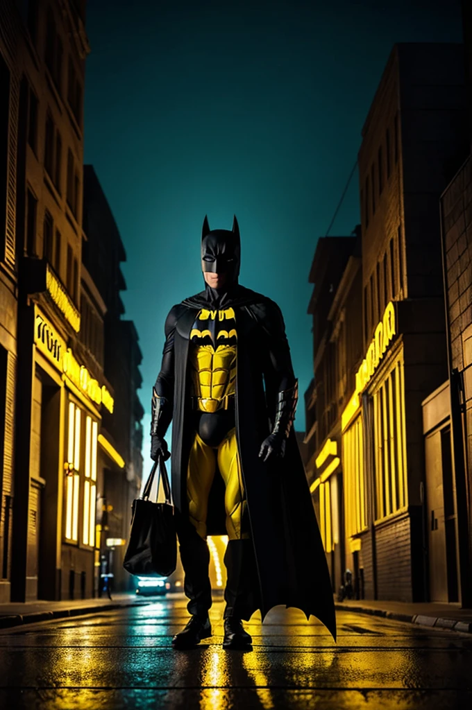 Imagine a man standing on the street at night looking at a luminous yellow sign in the sky. In the shape of a key taking dust out of a bag. symbolizing the duality of the hero and his fight against drug-related crime. The sharp contours and contrasting colors referencing Batman&#39;s Bat-Signal. They ensure that the sign is visible and recognizable in any emergency situation..