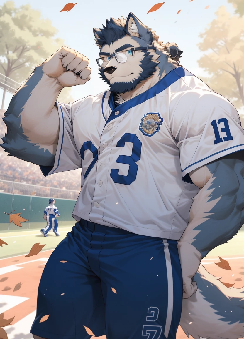 hairy,(Wolf,white baseball uniform,white baseball pants,Black-rimmed glasses,),beard,white fur,slicked back bun hair shaved sides,male,Common,full-body shot, dynamic poses,Baseball games,There are fallen leaves falling,Sunlight,Detailed background,Extremely lifelike shadow,masterpiece,Very detailed,lifelike