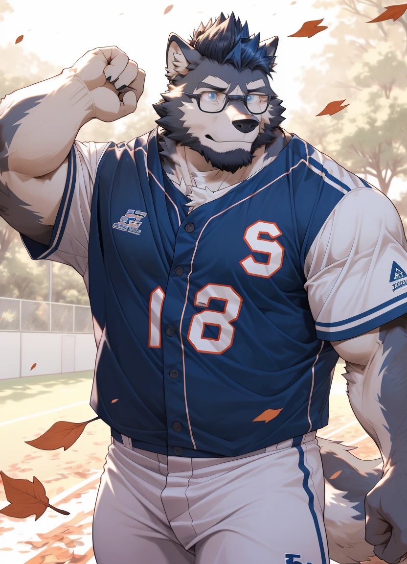 hairy,(Wolf,white baseball uniform,white baseball pants,Black-rimmed glasses,),beard,white fur,slicked back bun hair shaved sides,male,Common,full-body shot, dynamic poses,Baseball games,There are fallen leaves falling,Sunlight,Detailed background,Extremely lifelike shadow,masterpiece,Very detailed,lifelike