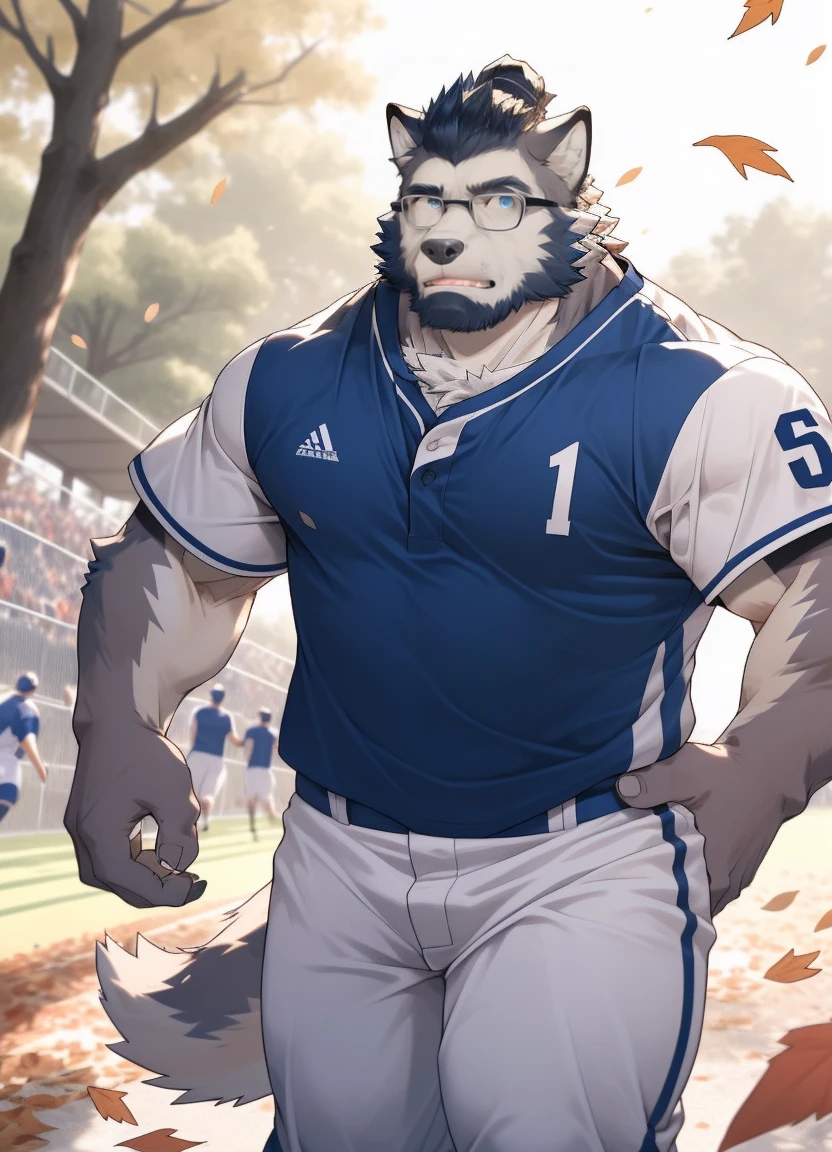 hairy，（Wolf，white baseball uniform，white baseball pants，Black-rimmed glasses，），beard，white fur，slicked back bun hair shaved sides,male，Common，full-body shot， dynamic poses，Baseball games，There are fallen leaves falling，Sunlight，Detailed background，Extremely lifelike shadow，masterpiece，Very detailed，lifelike