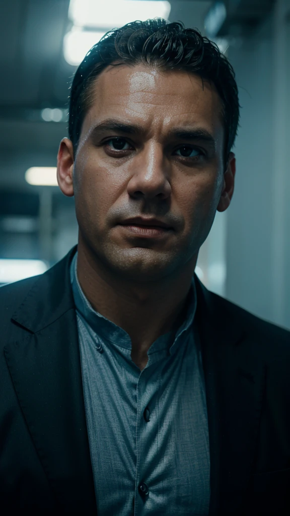 headshot of Marcus a big business man arrested by policemen, 8k realistic imagery, ultra hd, blue scenery like a movie scene, inspired by blade runner movie scene, blue tone