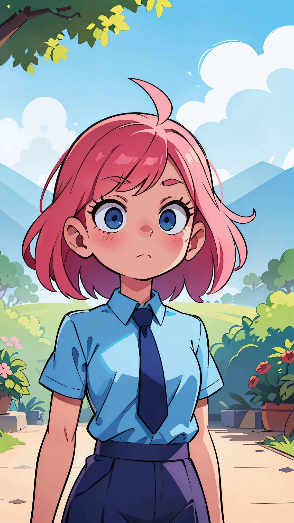 pink hair pretty girl, all body, masterpiece, have deep shadows, no glitches on image, colorful, under open clear blue sky, wear a blue shirt, blue tie, wear a navy blue skirt, have deep shadows on image, best quality, beautiful nature texture.