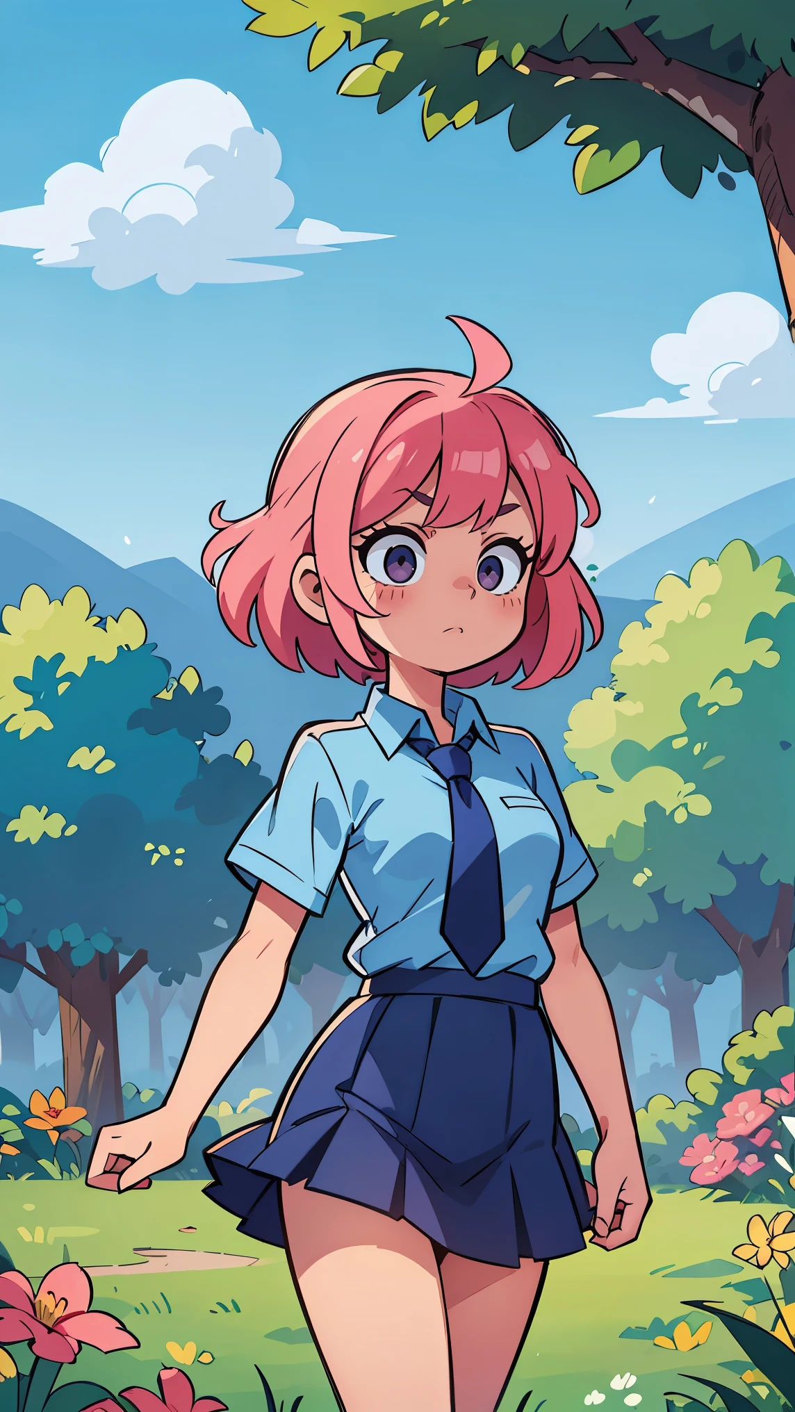 pink hair pretty girl, all body, masterpiece, have deep shadows, no glitches on image, colorful, under open clear blue sky, wear a blue shirt, blue tie, wear a navy blue skirt, have deep shadows on image, best quality, beautiful nature texture.