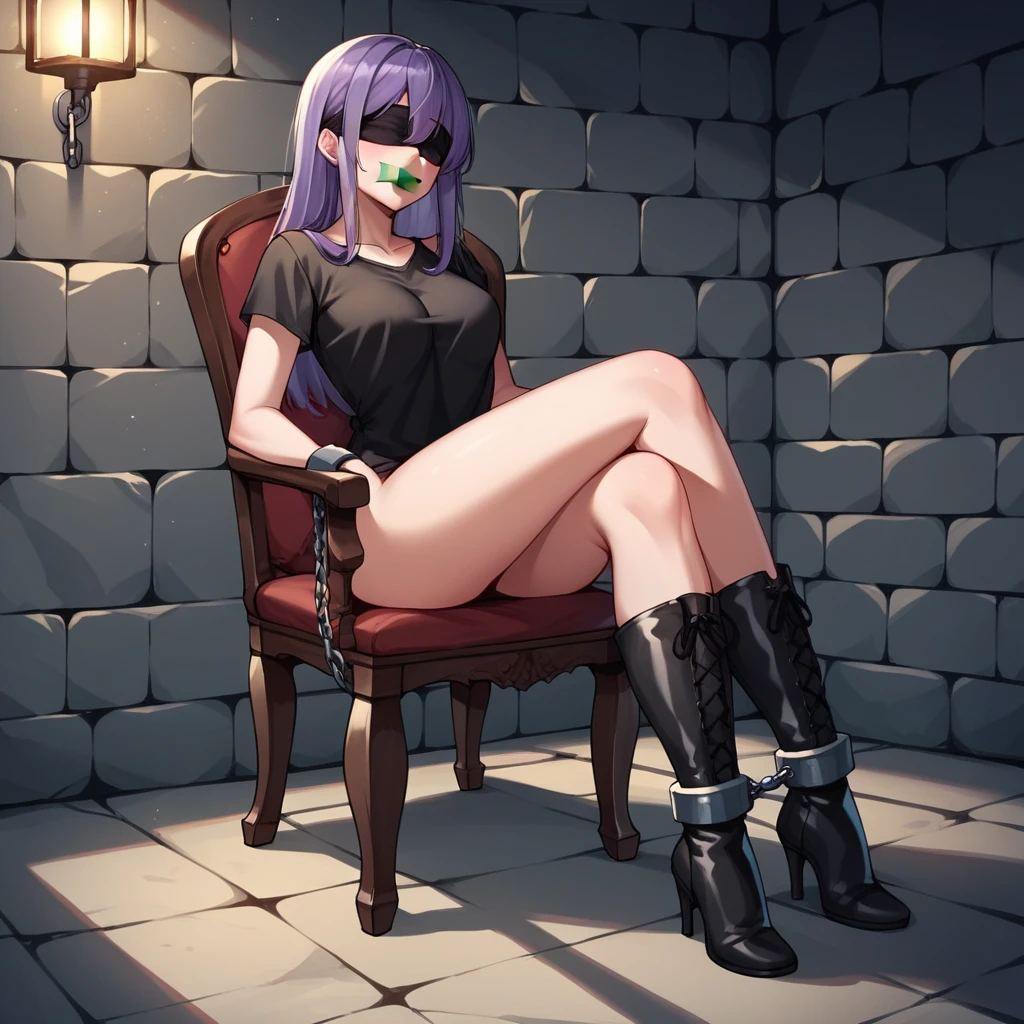 score_9, score_8_up, score_7_up, score_6_up, score_5_up, score_4_up, source_anime, 1 woman, вид сверху, sit, chairs, purple hair, long hair, blindfold, tape your mouth shut, w-w-chain, shackles, Went down arms, legs, clean hair, black shirt, short, black boots, thigh high boots, heels, the solution, dungeon, night, best quality, best res, 4K UHD,