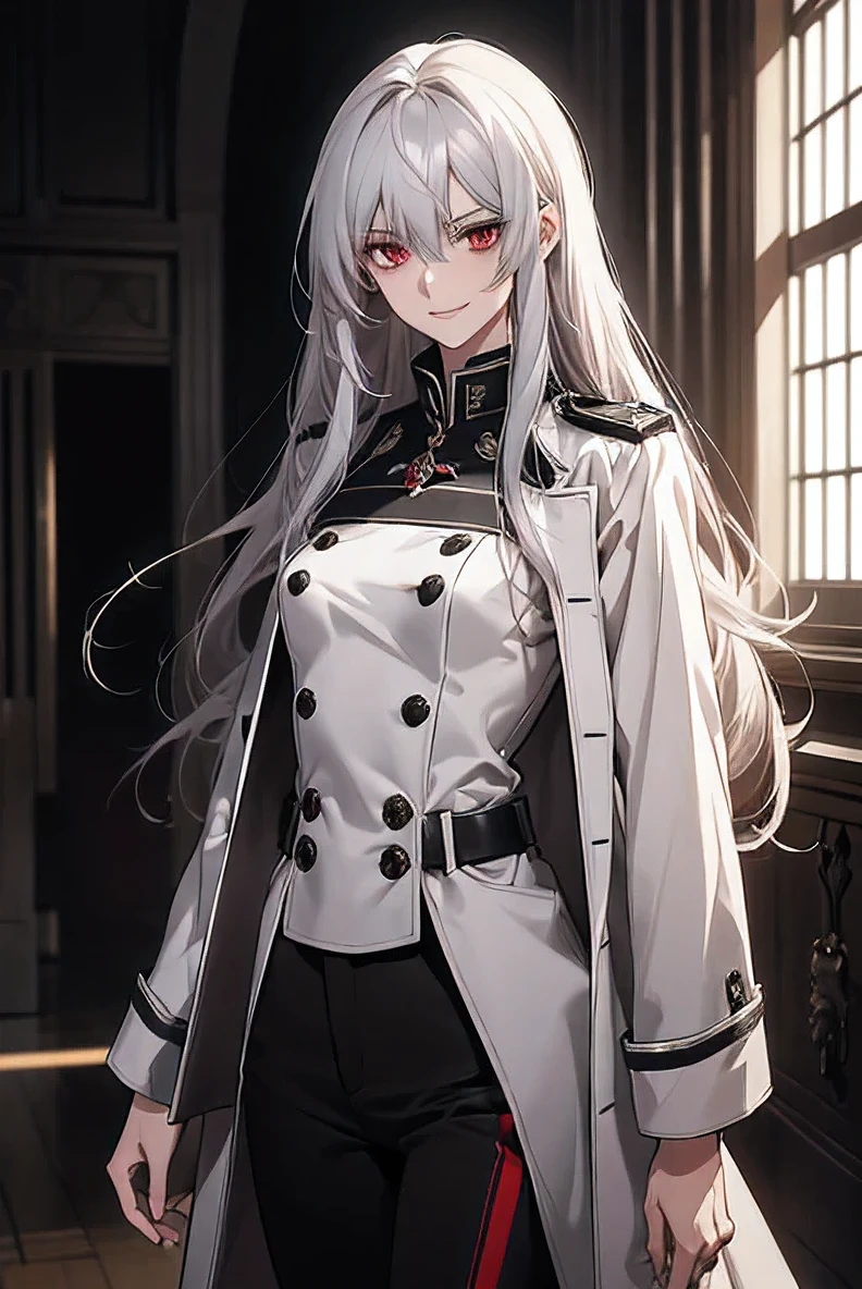 (Confused, High resolution, Very detailed), 1 female, Silver Hair,Long Hair,Bright red eyes,White and black military uniform,24th generation,beauty,mature,thin,quiet,Calm,A small smile,A kind smile,In front of the person I like,Long coat,Slender and thin,boots,skinny pants,Observatory,Small breasts,