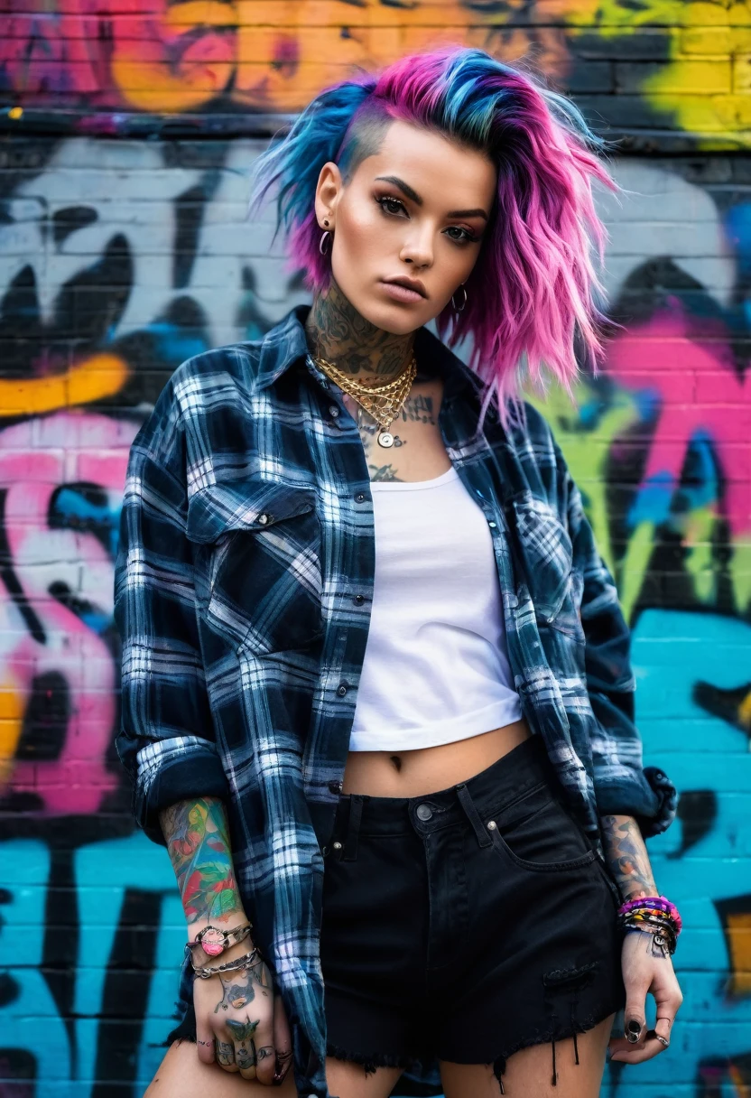 upper body portrait, raw essence of a tattoed street style icon, drenched in rebellious energy, wearing oversized flannel shirt, vibrant graffiti as backdrop, edgy fashion, sense, confident gaze, colorful hair, light beams streaming through haze
