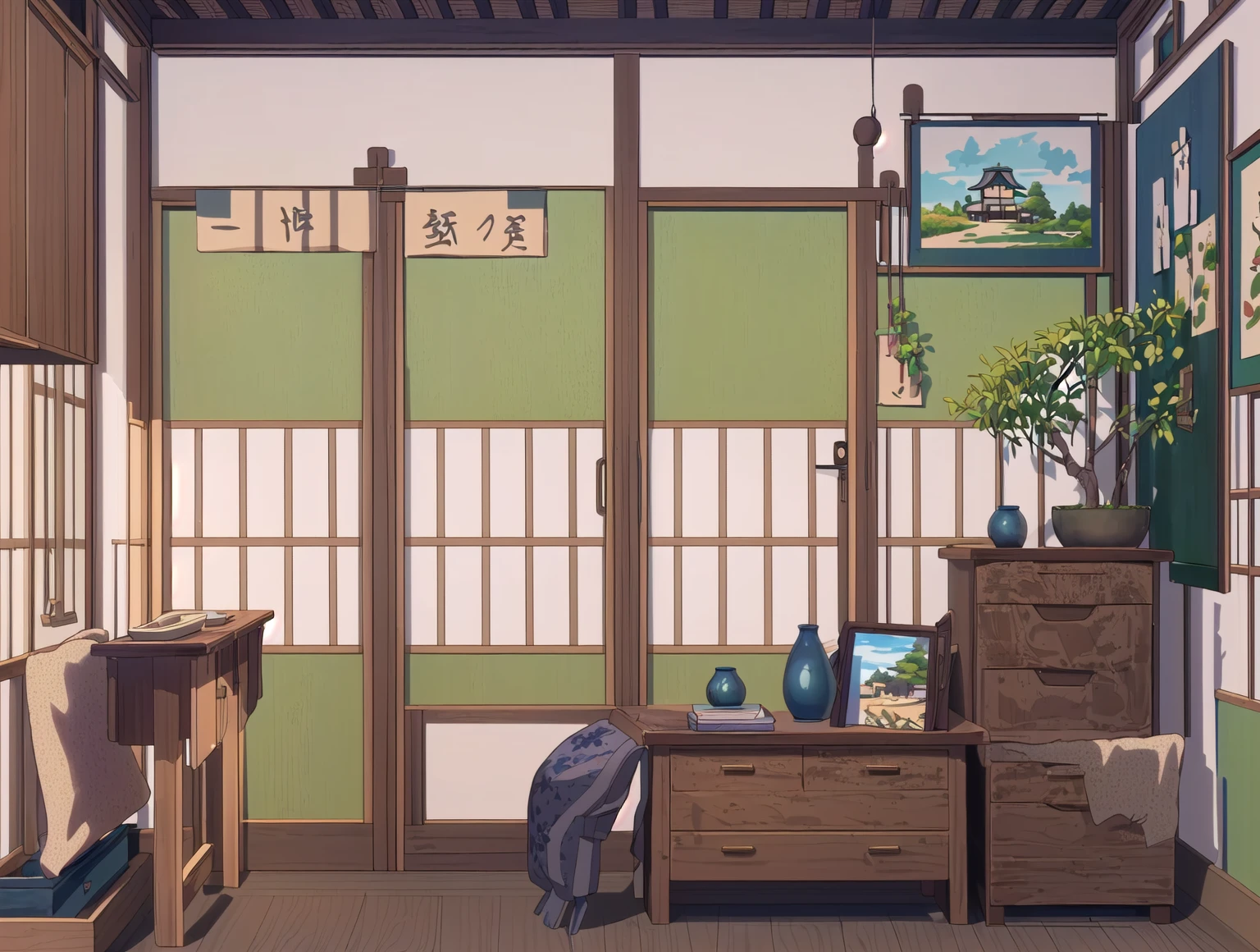 There is a room，There are a lot of furniture and a window inside, Personal room background, Inspired by Yoshida Toshi, Japanese Houses, Studio Ghibli bedroom, Inspired by Watanabe Shotasu, Anime Background Art, Studio Ghibli Aesthetics, Japanese influence, Warm home background, Detailed scenery —width 672