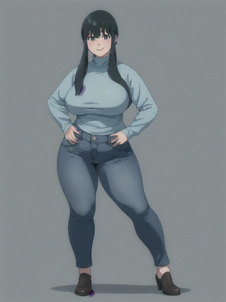 height 150cm, Bow legs, Beautiful face but chubby face, Chubby tae takemi, Hands on hips, Stand up straight, ((Full body)), (low head 1.5), A little chubby body type and small breasts, masterpiece, tight denim pants, ((small breasts)), thick legs++, Full body+, Solo, Swollen face, 1 woman, (white long sleeve tutleneck 1.5,) (tight turtle neck 1.5), white turtle neck, navy blue Denim pants, thick thighs, low rise navy blue denim pants, solo, simple background, masterpiece, best quality, black hair, short hair, A chubby figure that seems real, smile, High saturation