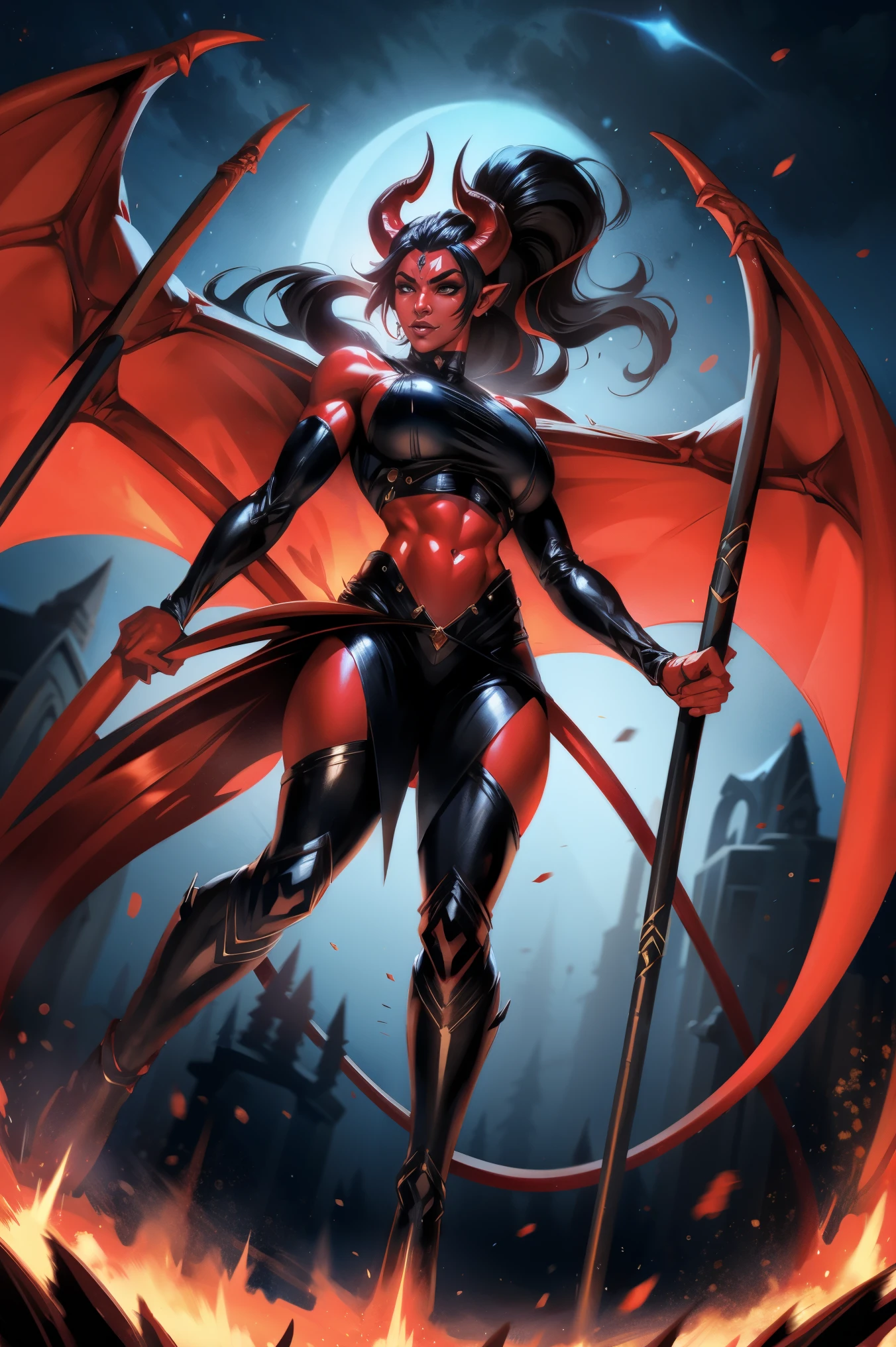 Red skin succubus tiefling, digitigrade legs, full breasts, medium breasts, black horns, wings, huge tail, black leather, crop top, long flowing pelvic curtain, tall, toned, graceful, thin, long black ponytail. Action scene, whip. Dark scene, explosions, night sky.