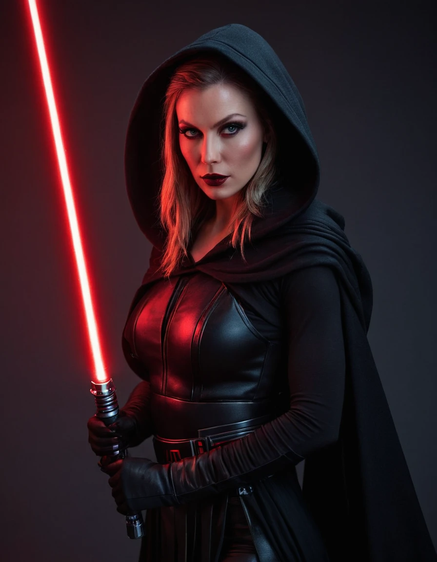 professional photograph of a 31 year old model, by Peter Hegre, photography studio,__perspective__, beautiful evil slavic muscular woman, pale skin, long hair, Sith Lord, cute face, red skin, fit body, holding one red light saber in her hand, wearing a black crop top with a hood:1.4, black skirt, darth talon:0.7, at the starship, cozy, Star Wars, j j abrams, photorealistic, sharp focus, depth of field, vogue magazine, fashion photo, cinematic lighting, rim light, cozy:1.2, neon