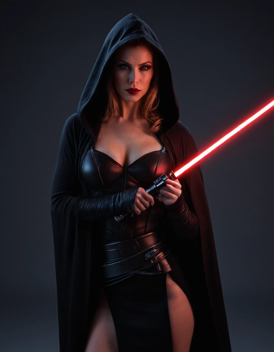 professional photograph of a 31 year old model, by Peter Hegre, photography studio,__perspective__, beautiful evil slavic muscular woman, pale skin, long hair, Sith Lord, cute face, red skin, fit body, holding one red light saber in her hand, wearing a black crop top with a hood:1.4, black skirt, darth talon:0.7, at the starship, cozy, Star Wars, j j abrams, photorealistic, sharp focus, depth of field, vogue magazine, fashion photo, cinematic lighting, rim light, cozy:1.2, neon