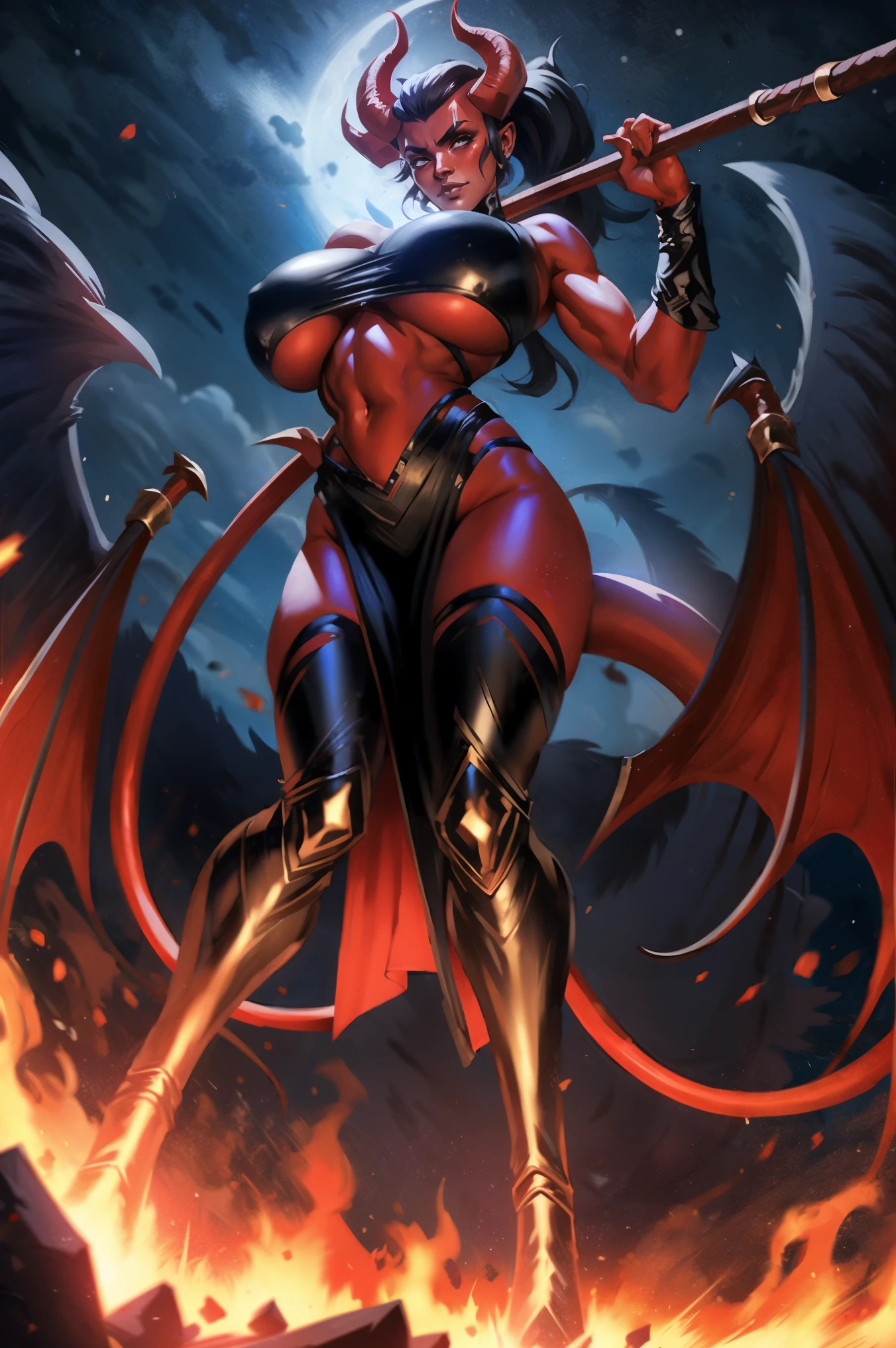 Red skin succubus tiefling, digitigrade legs, full breasts, medium breasts, black horns, wings, huge tail, black leather, crop top, long flowing pelvic curtain, tall, toned, graceful, thin, long black ponytail. Action scene, whip. Dark scene, explosions, night sky.