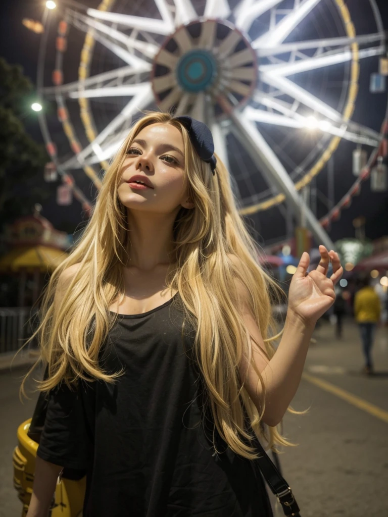 Fair-skinned young woman with long blond hair at the amusement park in front of a ferris wheel