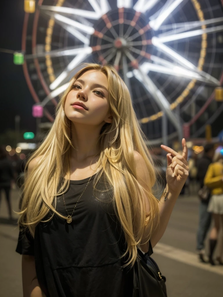 Fair-skinned young woman with long blond hair at the amusement park in front of a ferris wheel