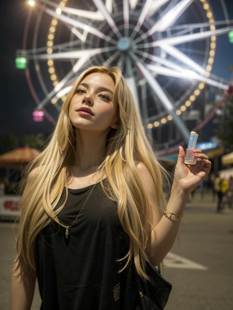 Fair-skinned young woman with long blond hair at the amusement park in front of a ferris wheel
