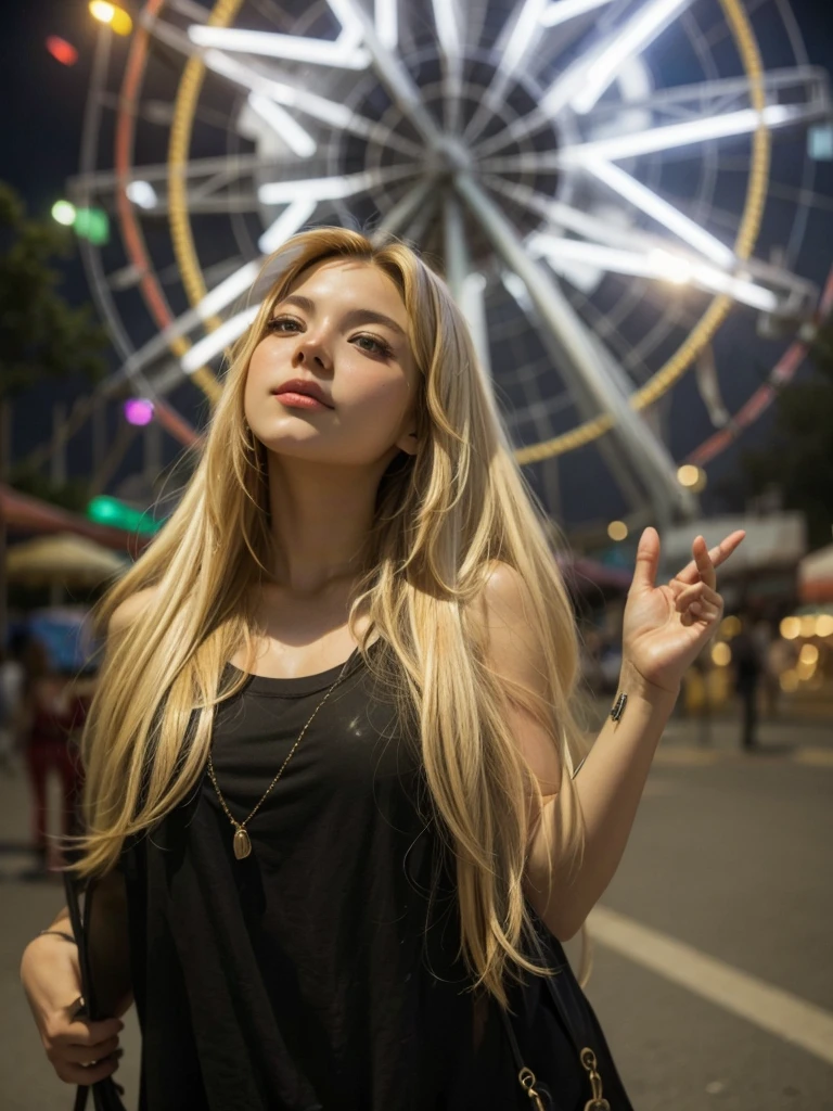 Fair-skinned young woman with long blond hair at the amusement park in front of a ferris wheel