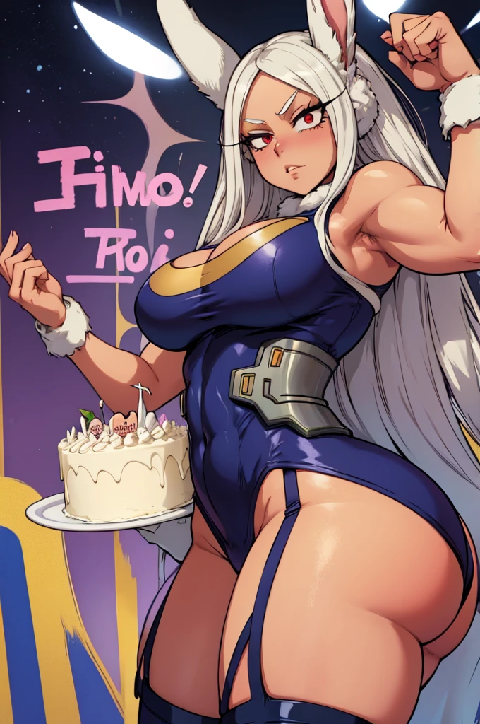 Mirko from My Hero Academia, Sexy and muscular tanned bunny girl with silver hair holds a cake with "one hundred" written on it, muscle athletic female body, thick ass and big tits, stockings