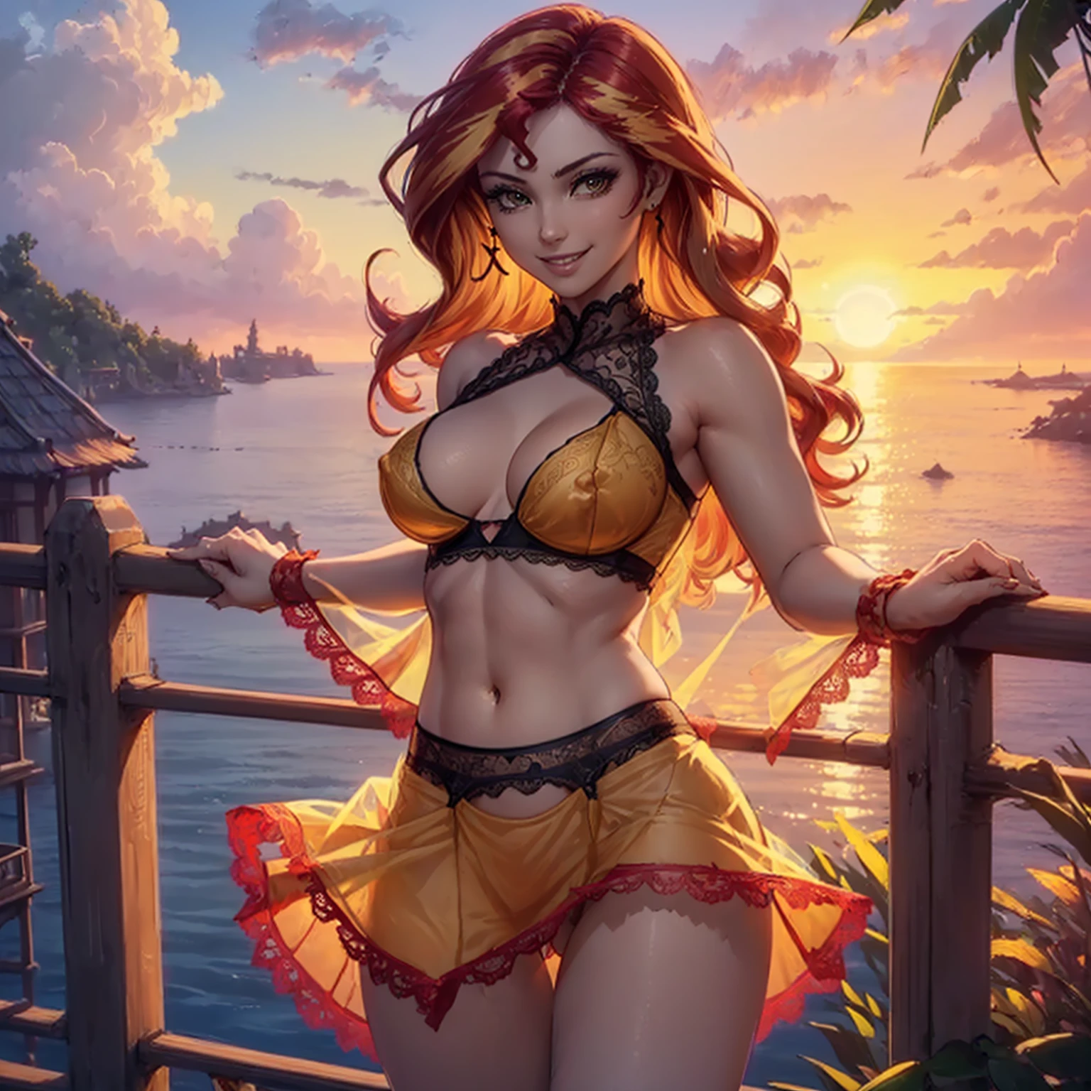 (((beautiful female body))),(((sunsetshimmer as a sweet charming hot seductive horny model))) ,(((red and yellow color hair))),(((stand hold a lace skirt with hands)))), (((outdoor))),(((sea in background))),(((lewd and erotic posing))), (((happy wicked smile))) ,(((wear light yellow red sheer lace transparent see through very short bra))) , (((((upskirt view))))) , breasts are visible ,golden bracelets , (((perfect big breasts))) , lush breasts , Bulky Breasts , voluminous breasts ,(((peeping the viewer))),(((bare belly))),(((side close upskirt view)))