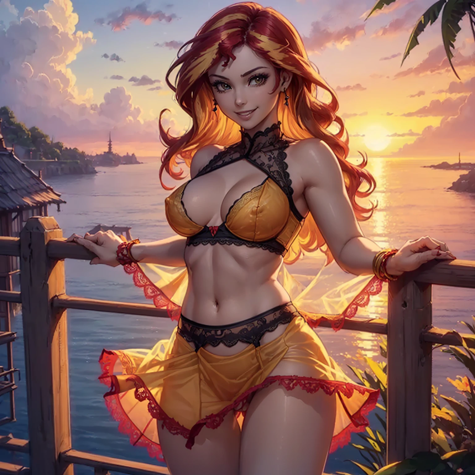 (((beautiful female body))),(((sunsetshimmer as a sweet charming hot seductive horny model))) ,(((red and yellow color hair))),(((stand hold a lace skirt with hands)))), (((outdoor))),(((sea in background))),(((lewd and erotic posing))), (((happy wicked smile))) ,(((wear light yellow red sheer lace transparent see through very short bra))) , (((((upskirt view))))) , breasts are visible ,golden bracelets , (((perfect big breasts))) , lush breasts , Bulky Breasts , voluminous breasts ,(((peeping the viewer))),(((bare belly))),(((side close upskirt view)))