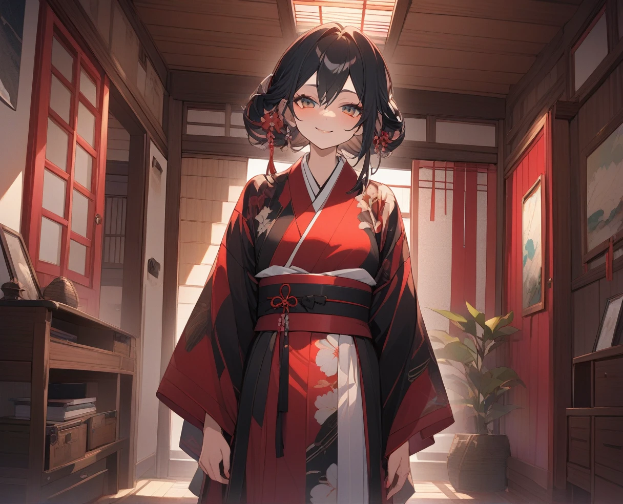 work of art, 1 girl, sim miko, kimono, Inside the house, cowboy shot, drlight smile, sex,