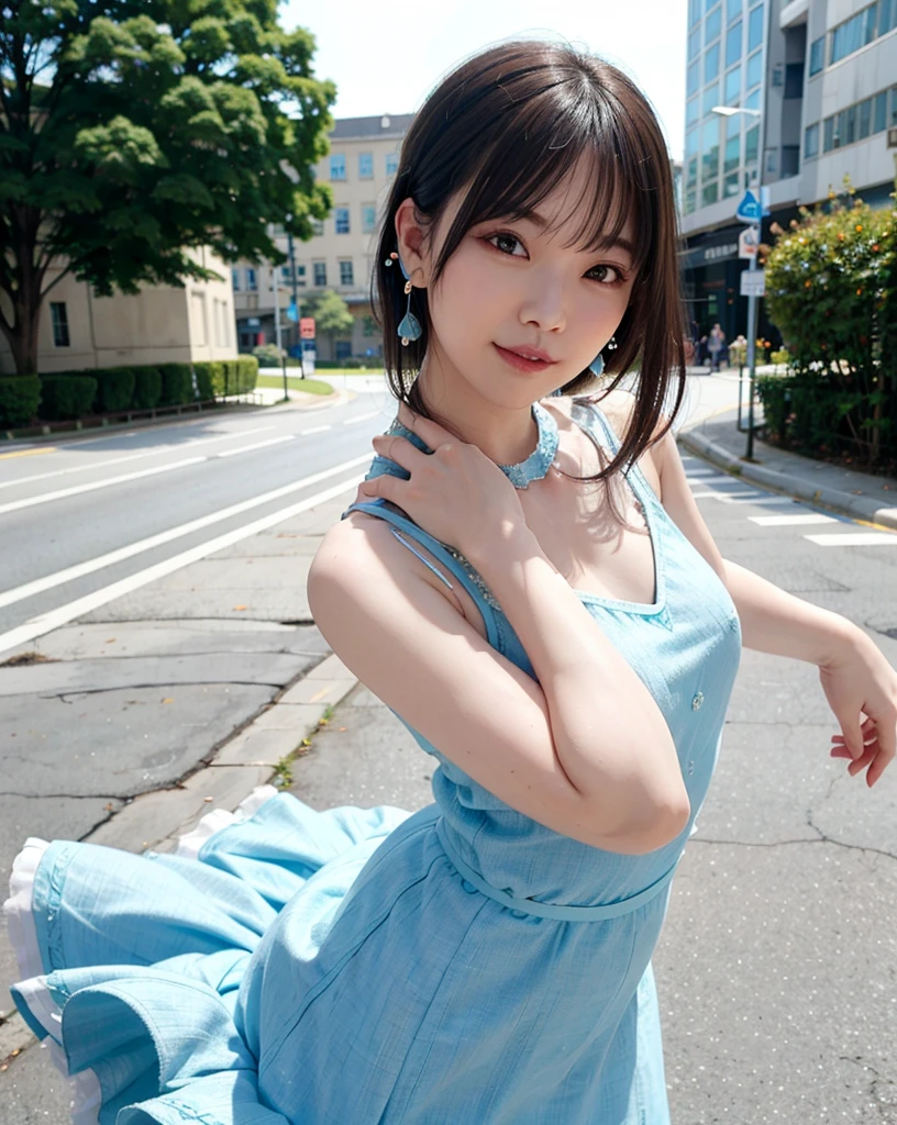 anime、masterpiece、Highest quality、Tokyo metropolitan area in summer、A girl with a gradient ponytail、shaved iceをスプーンを持って食べている、Summer gradient dress、The city overlooks the forest、shaved ice