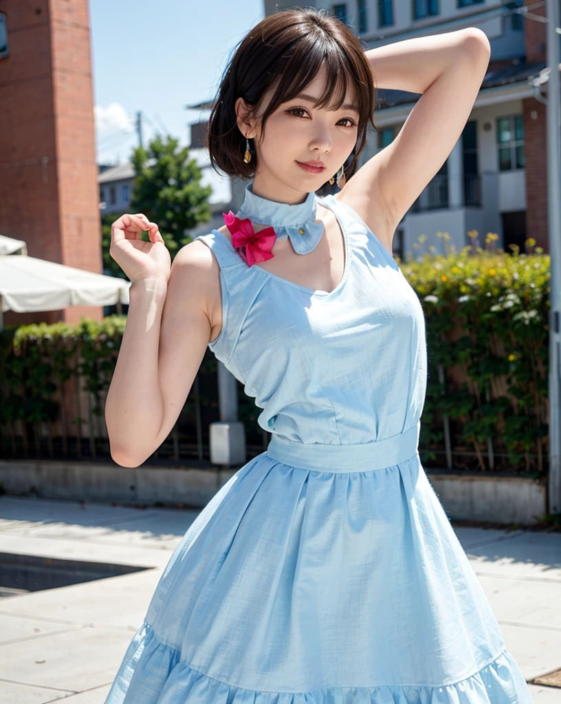 a woman posing on the street corner with light blue dress on, best quality, 1girl, large breasts, day, bright, blur background, bokeh, outdoor, (street:0.8), (people, crowds:1), (lace-trimmed dress:1.5, sleeveless dress, light blue clothes, light blue high-neck dress:1.2, blue dress: 1.5), gorgeous, (short hair, forehead:1.2), beautiful detailed sky, earrings, (dynamic pose:1.2), (upper body:0.8), soft ligh. BTS 